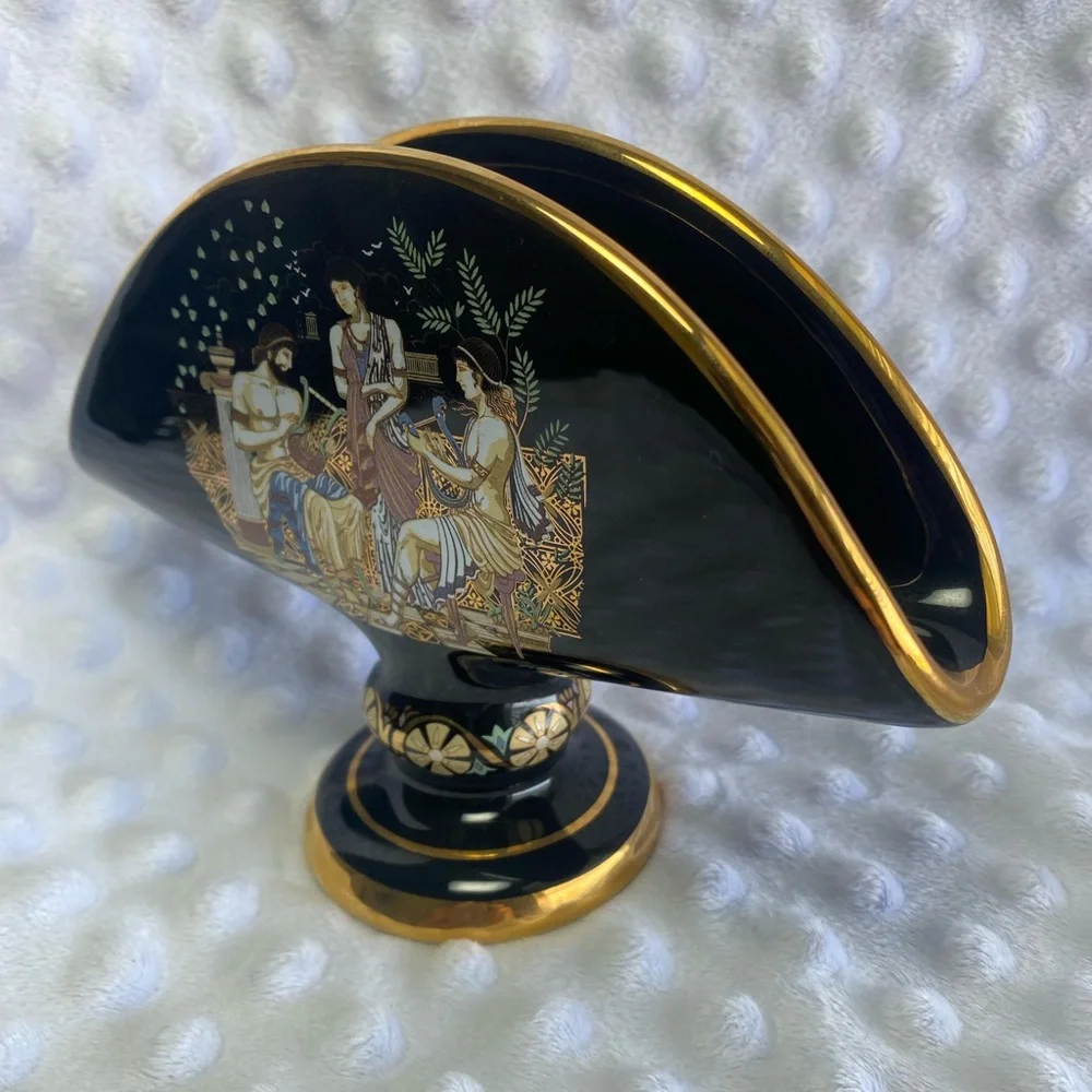 Vintage Handmade Greek Fakiolas Ceramic Napkin Holder with 24K Gold Accents